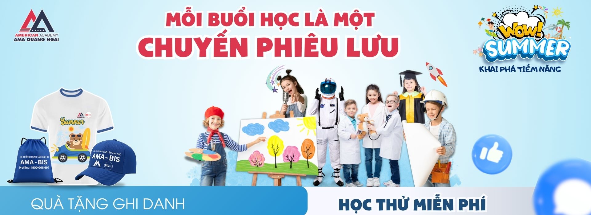 học hè trải nghiệm học hè truyền thống chương trình hè cho trẻ khóa học hè tiếng Anh wow summer AMA Quảng Ngãi Khóa học hè WOW SUMMER 2025